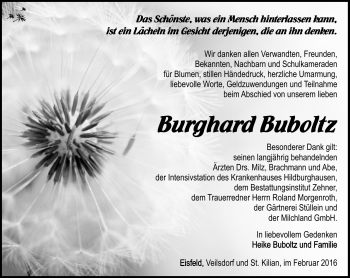 Traueranzeige von Burghard Buboltz von Südthüringer Presse