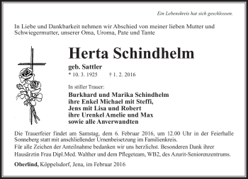 Traueranzeige von Herta Schindhelm von Südthüringer Presse