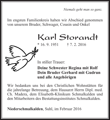Traueranzeige von Karl Storandt von Südthüringer Presse