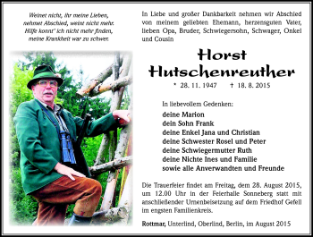 Traueranzeige von Horst Hutschenreuther von Südthüringer Presse