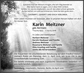 Traueranzeige von Karin Meitzner von Südthüringer Presse