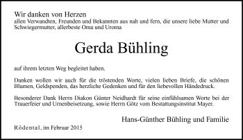 Traueranzeige von Gerda Bühling von Neue Presse Coburg