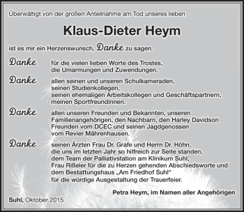 Traueranzeige von Klaus- Dieter Heym von Südthüringer Presse