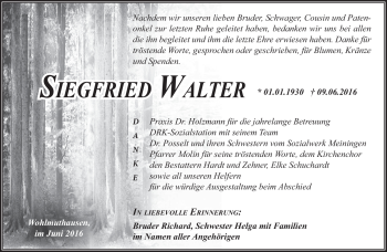 Traueranzeige von Siegfried Walter von Südthüringer Presse