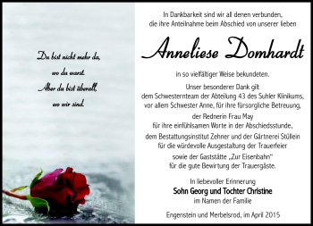 Traueranzeige von Anna Domhardt von Südthüringer Presse