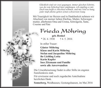Traueranzeige von Frieda Möhring von Südthüringer Presse