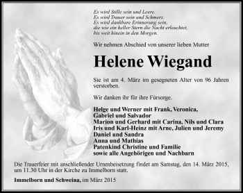 Traueranzeige von Helene Wiegand von Südthüringer Presse