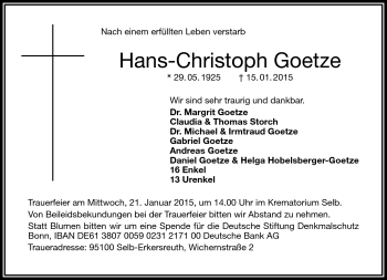Traueranzeige von Hans-Christoph Goetze von Frankenpost