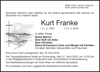Traueranzeige von Kurt Frranke von Neue Presse Coburg