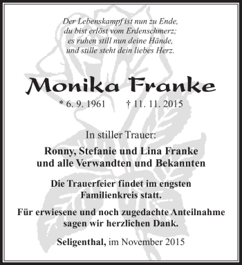 Traueranzeige von Monika Franke von Südthüringer Presse