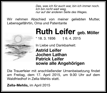 Traueranzeige von Ruth Leifer von Südthüringer Presse