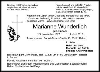 Traueranzeige von Marianne Wunderlich von Frankenpost
