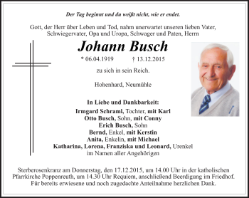 Traueranzeige von Johann Busch von Frankenpost