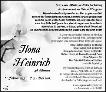 Traueranzeige von Ilona Heinrich von Südthüringer Presse
