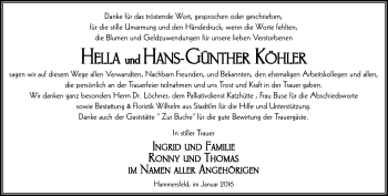 Traueranzeige von HellaHans-Günther KöhlerKöhler von Südthüringer Presse