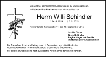 Traueranzeige von Willi Schindler von Frankenpost