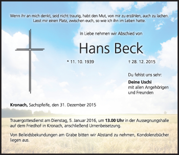 Traueranzeige von Hans Beck von Neue Presse Coburg