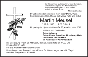 Traueranzeige von Martin Meusel von Frankenpost