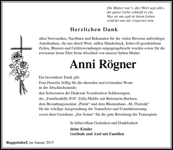 Traueranzeige von Anni Rögner von Südthüringer Presse