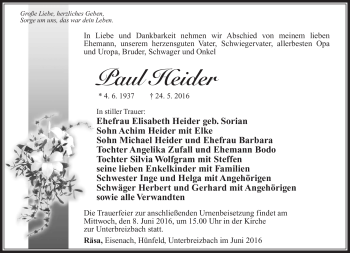 Traueranzeige von Paul Heider von Südthüringer Presse