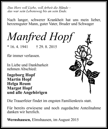 Traueranzeige von Manfred Hopf von Südthüringer Presse