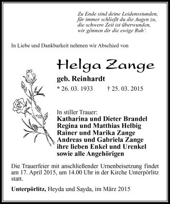 Traueranzeige von Helga Zange von Südthüringer Presse