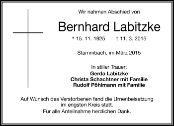 Traueranzeige von Bernhard Labitzke von Frankenpost