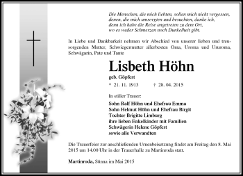 Traueranzeige von Lisbeth Höhn von Südthüringer Presse