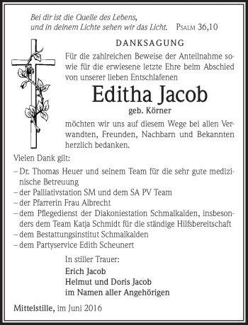 Traueranzeige von Editha Jacob von Südthüringer Presse