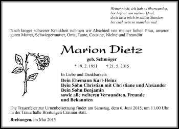 Traueranzeige von Marion Dietz von Südthüringer Presse