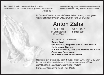 Traueranzeige von Anton Zaha von Frankenpost