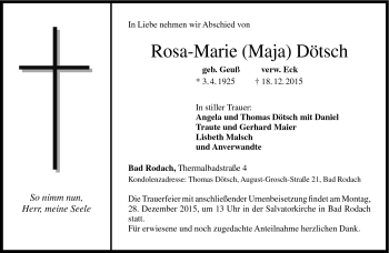 Traueranzeige von Rosa-Marie Dötsch von Neue Presse Coburg