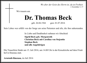 Traueranzeige von Thomas Beck von Südthüringer Presse