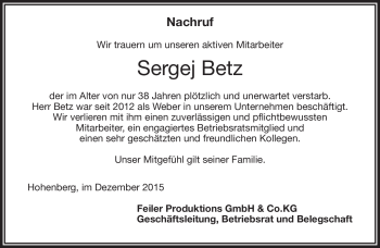 Traueranzeige von Sergej Betz von Frankenpost