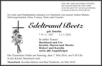 Traueranzeige von Edeltraud Beetz von Südthüringer Presse