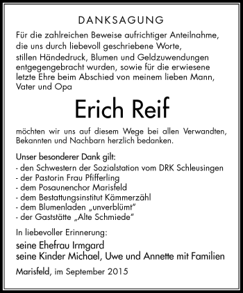 Traueranzeige von Erich Reif von Südthüringer Presse