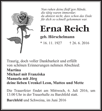 Traueranzeige von Erna Reich von Südthüringer Presse