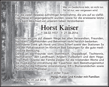 Traueranzeige von Horst Kaiser von Südthüringer Presse