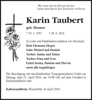Traueranzeige von Karin Taubert von Südthüringer Presse