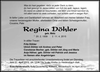 Traueranzeige von regina Döhler von Südthüringer Presse