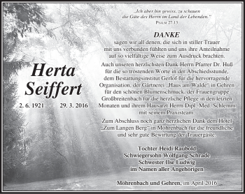 Traueranzeige von Herta Seiffert von Südthüringer Presse