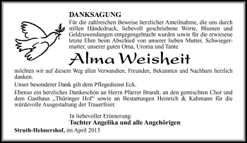Traueranzeige von Alma Weisheit von Südthüringer Presse