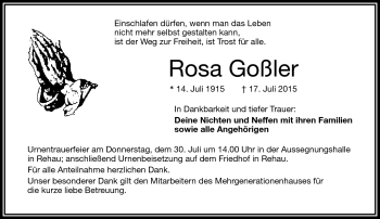 Traueranzeige von Rosa Goßler von Frankenpost