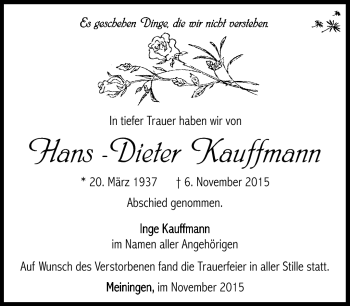 Traueranzeige von Hans-Dieter Kauffmann von Südthüringer Presse