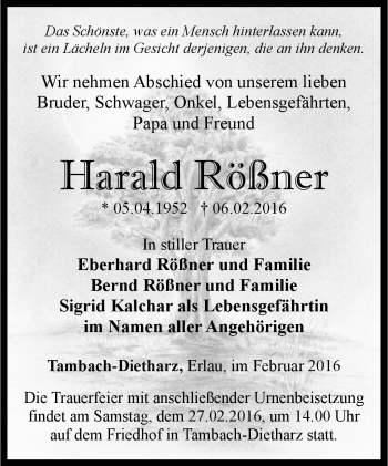 Traueranzeige von Harald Rößner von Südthüringer Presse