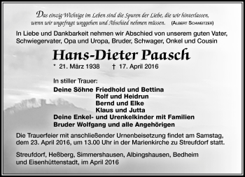 Traueranzeige von Hans-Dieter Paasch von Südthüringer Presse