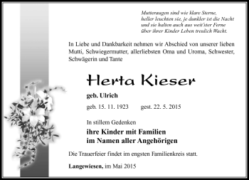 Traueranzeige von Herta Kieser von Südthüringer Presse