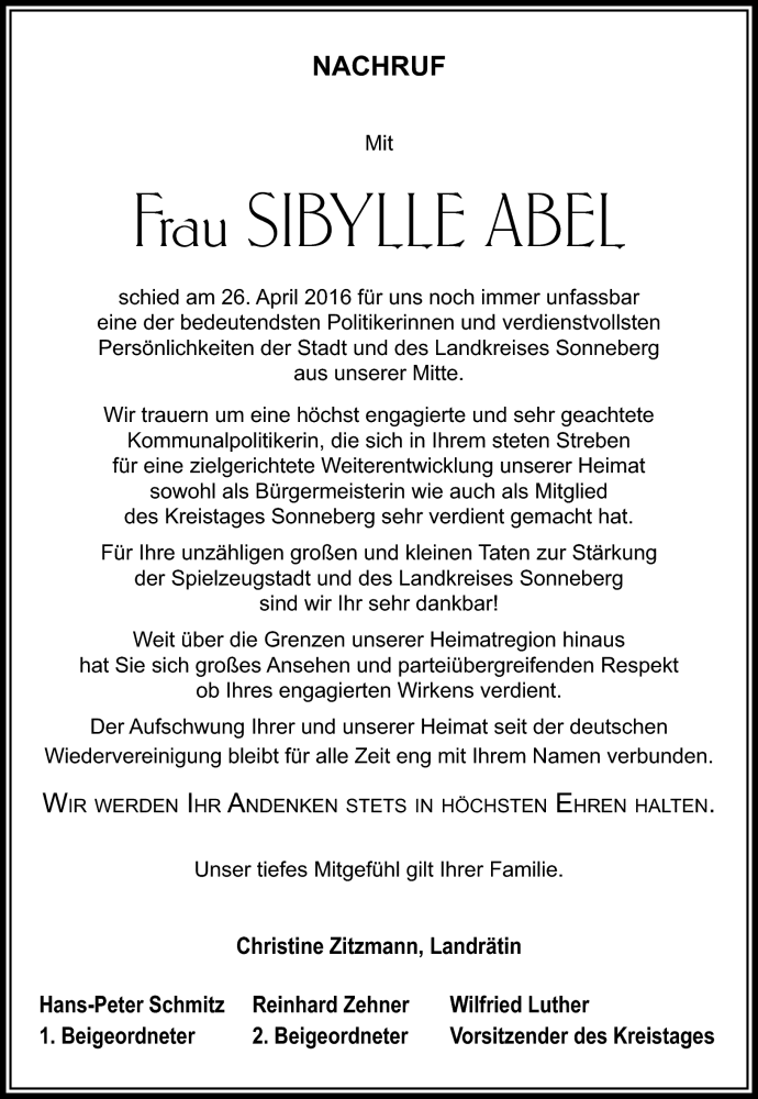  Traueranzeige für Sibylle Abel vom 30.04.2016 aus Südthüringer Presse