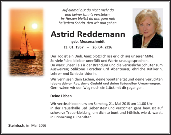 Traueranzeige von Astrid Reddemann von Südthüringer Presse