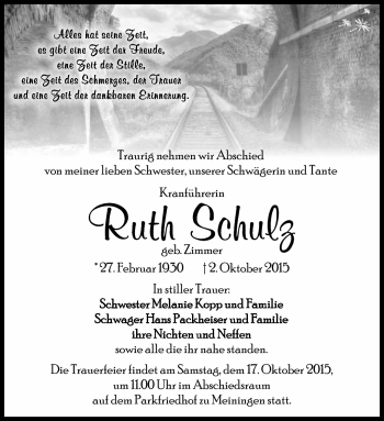 Traueranzeige von Ruth Schulz von Südthüringer Presse